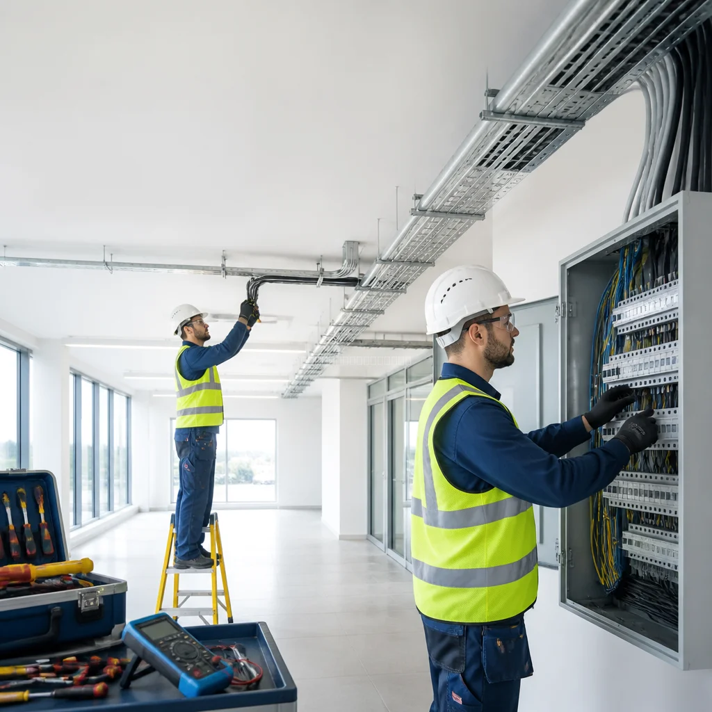 Técnico realizando instalación eléctrica comercial