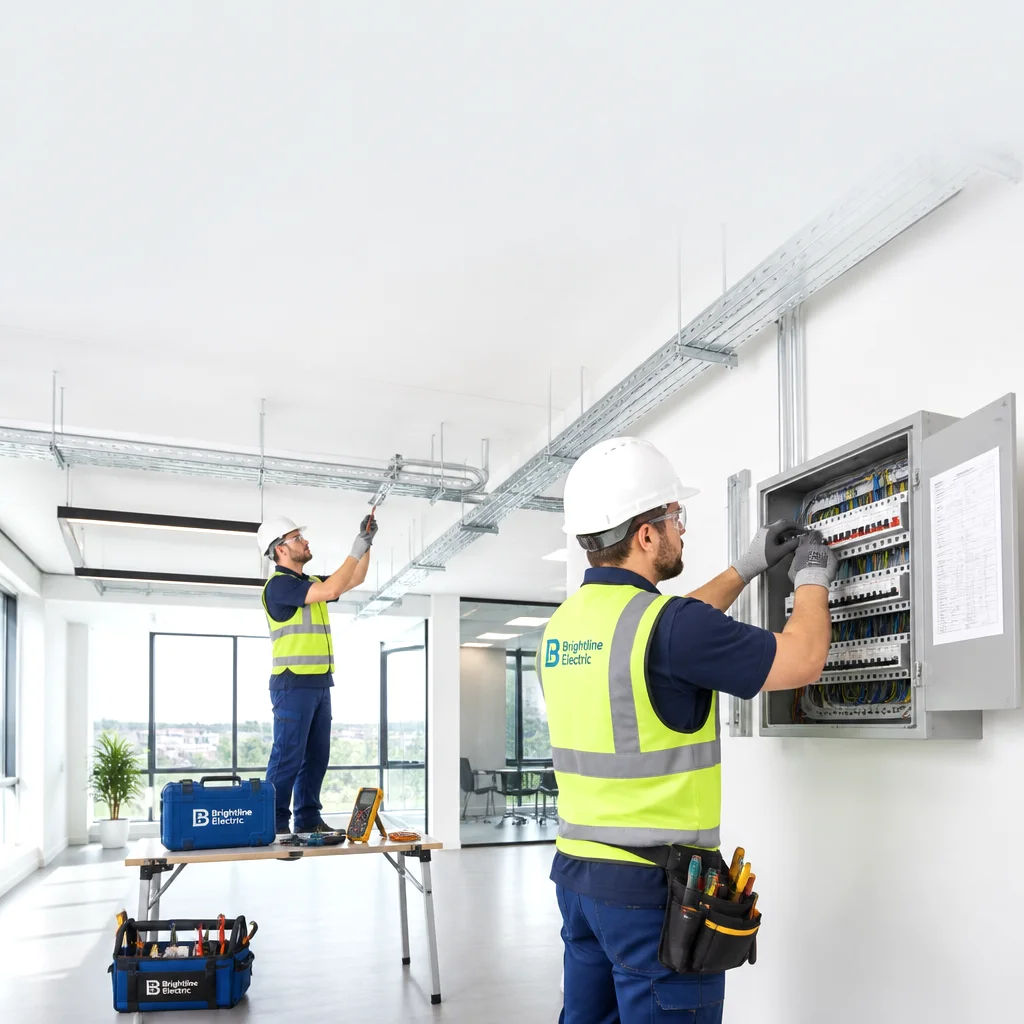 Equipo técnico instalando cuadro eléctrico en un local comercial