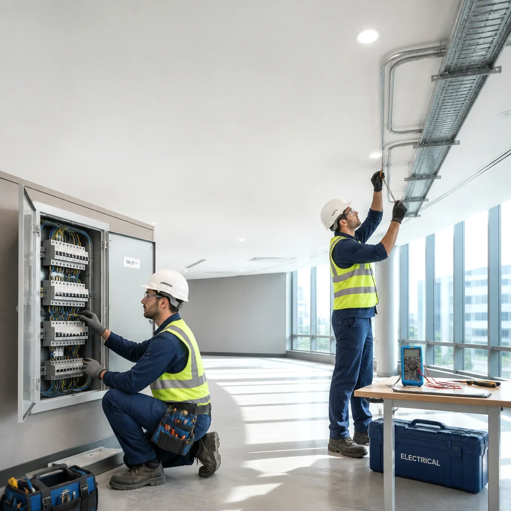 Técnico midiendo intensidad en circuito comercial